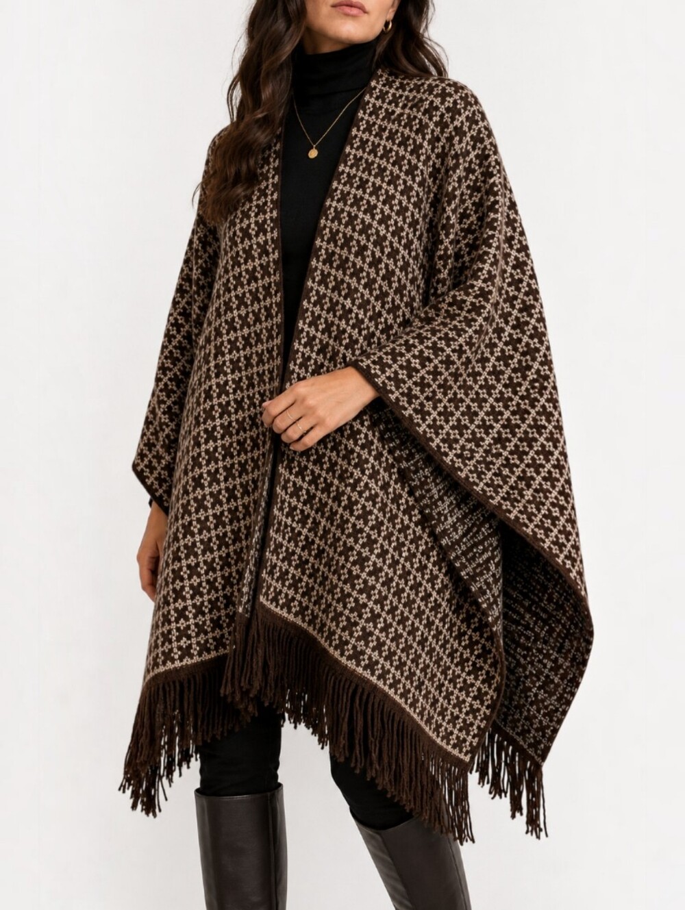 Zara Houndstooth Fringe Poncho Jacquard Knit Cape Boho Western Cozy One Size
